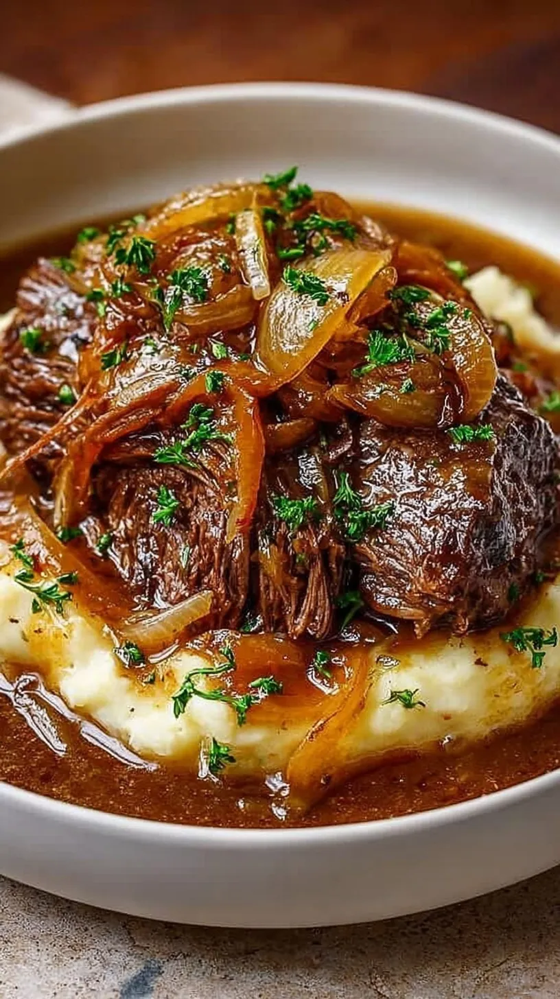 A tender slow cooker french onion pot roast served with savory onion gravy in a white dish.