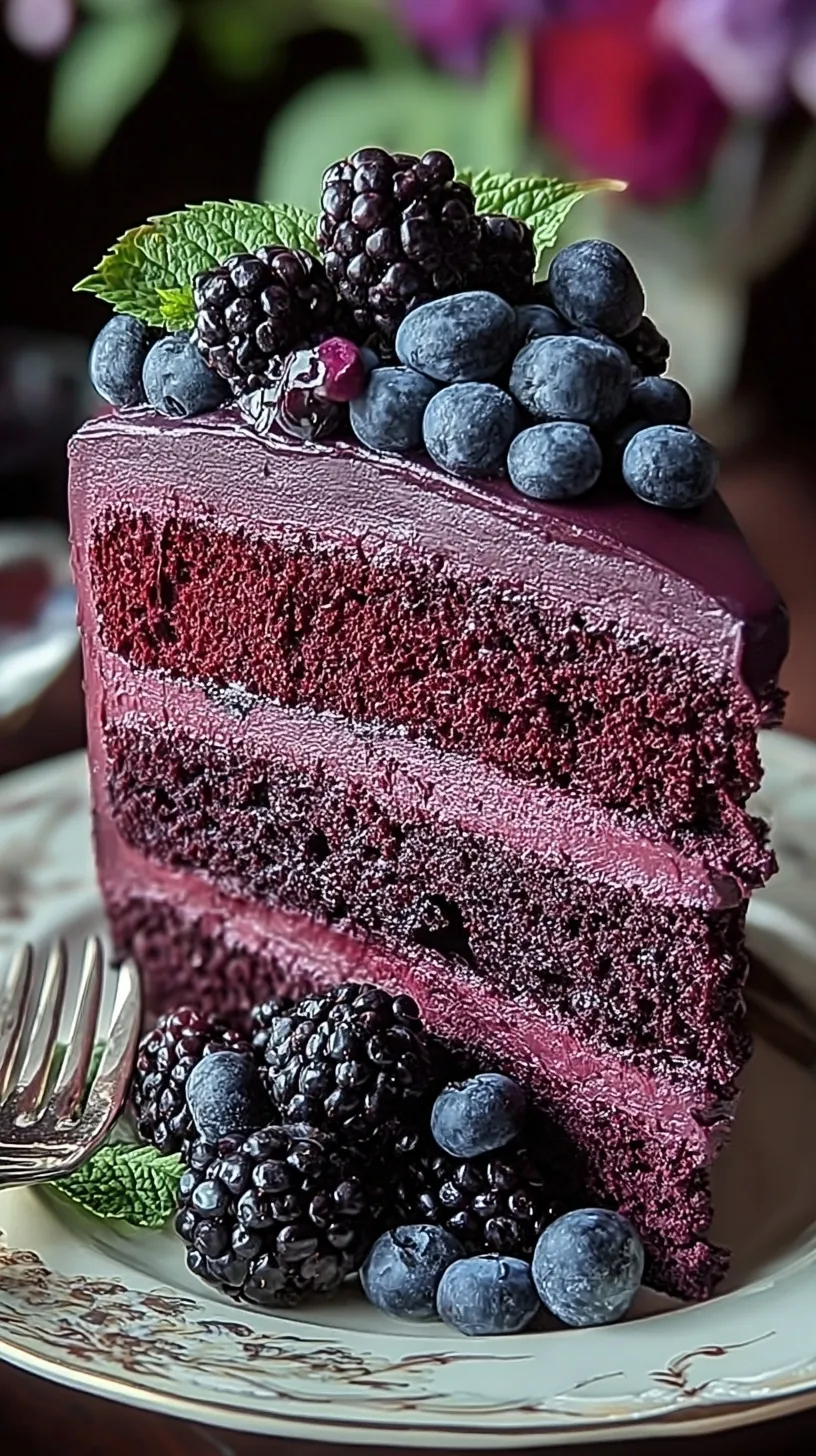 A beautiful two-layer blackberry velvet cake with purple cream cheese frosting and fresh berries on top.