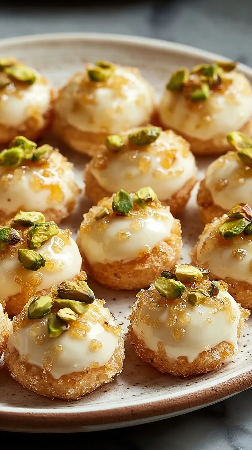 Crispy baguette slices topped with whipped ricotta, chopped pistachios, and a drizzle of honey on a wooden board.