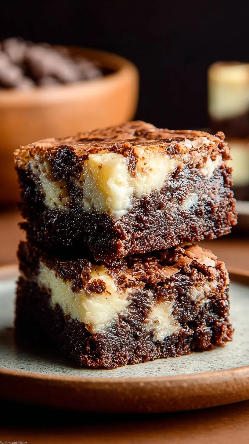 A stack of sliced coconut cheesecake brownies showing the chocolate and coconut layers