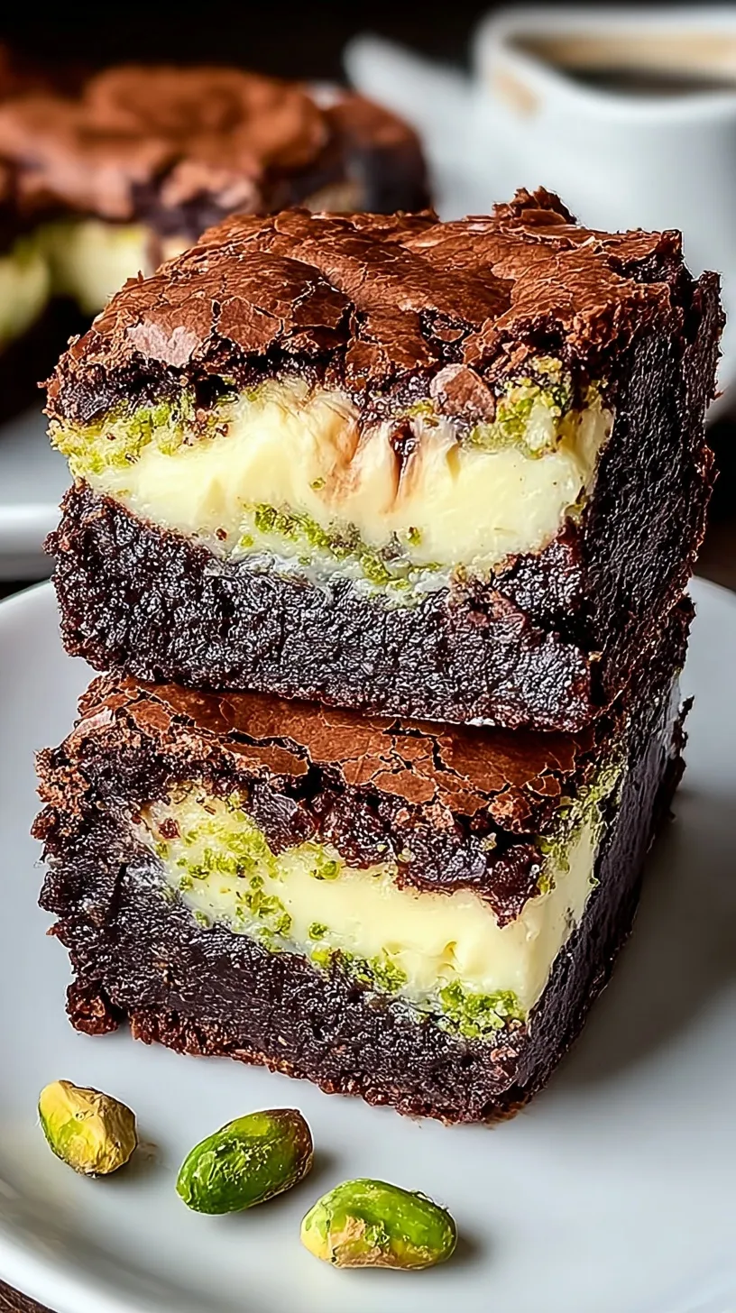 A close up shot of a marbled pistachio cheesecake brownie with chopped nuts on top
