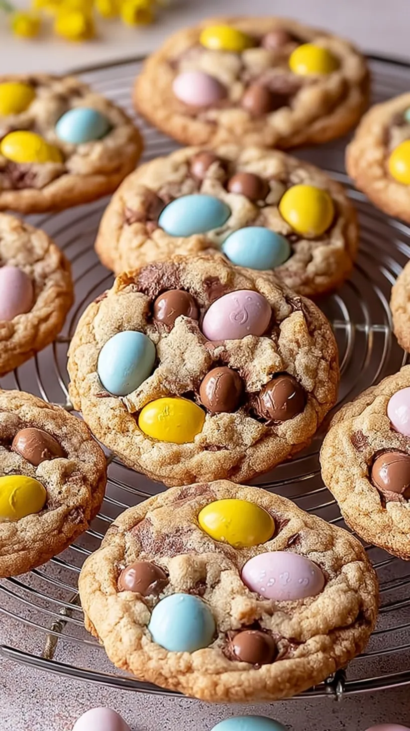 A stack of soft cookies filled with colorful crushed Cadbury Mini Eggs and chocolate chips on a white plate.