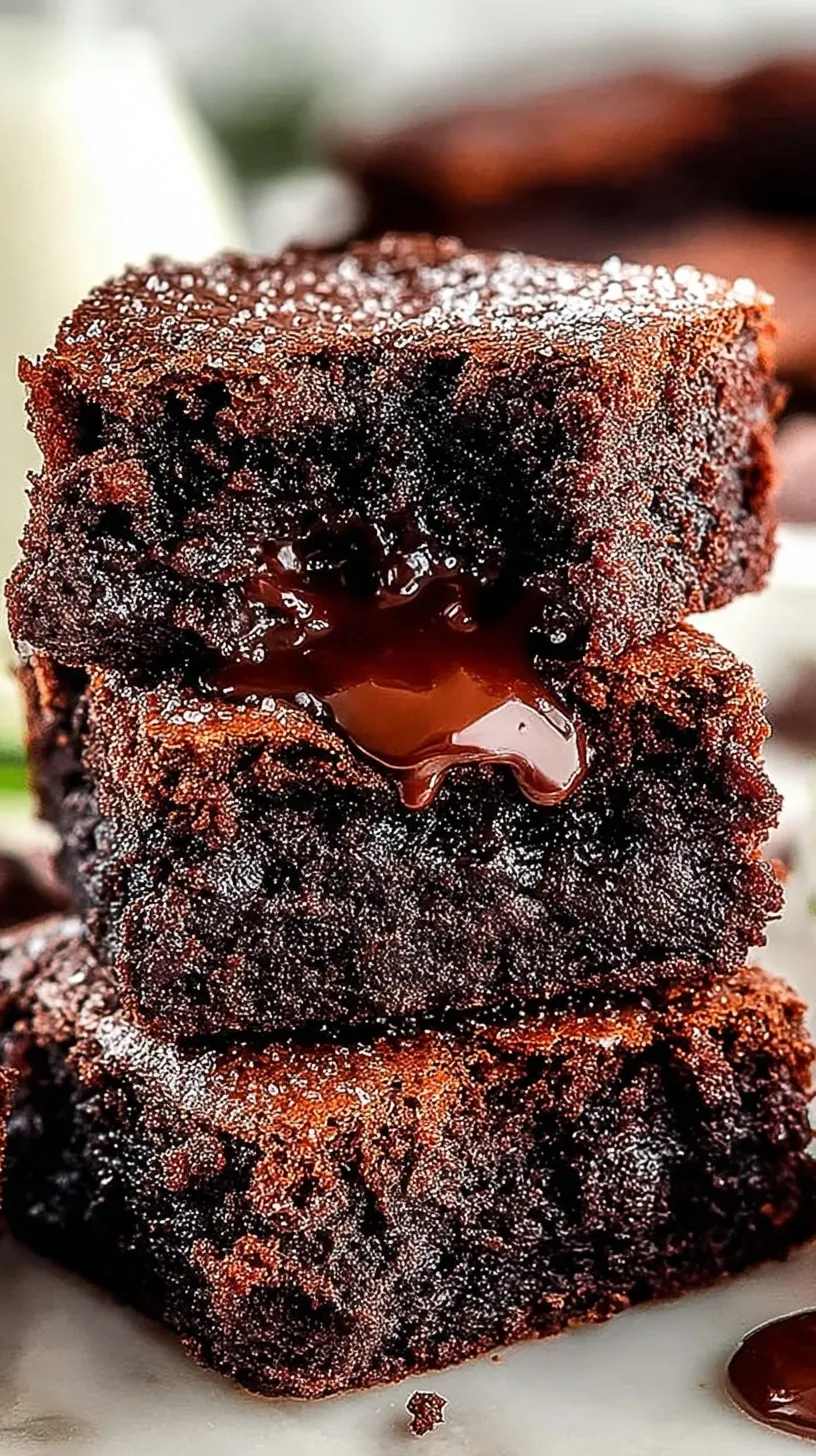 A stack of moist, dark chocolate brownies with tiny flecks of green zucchini visible in a dense crumb.