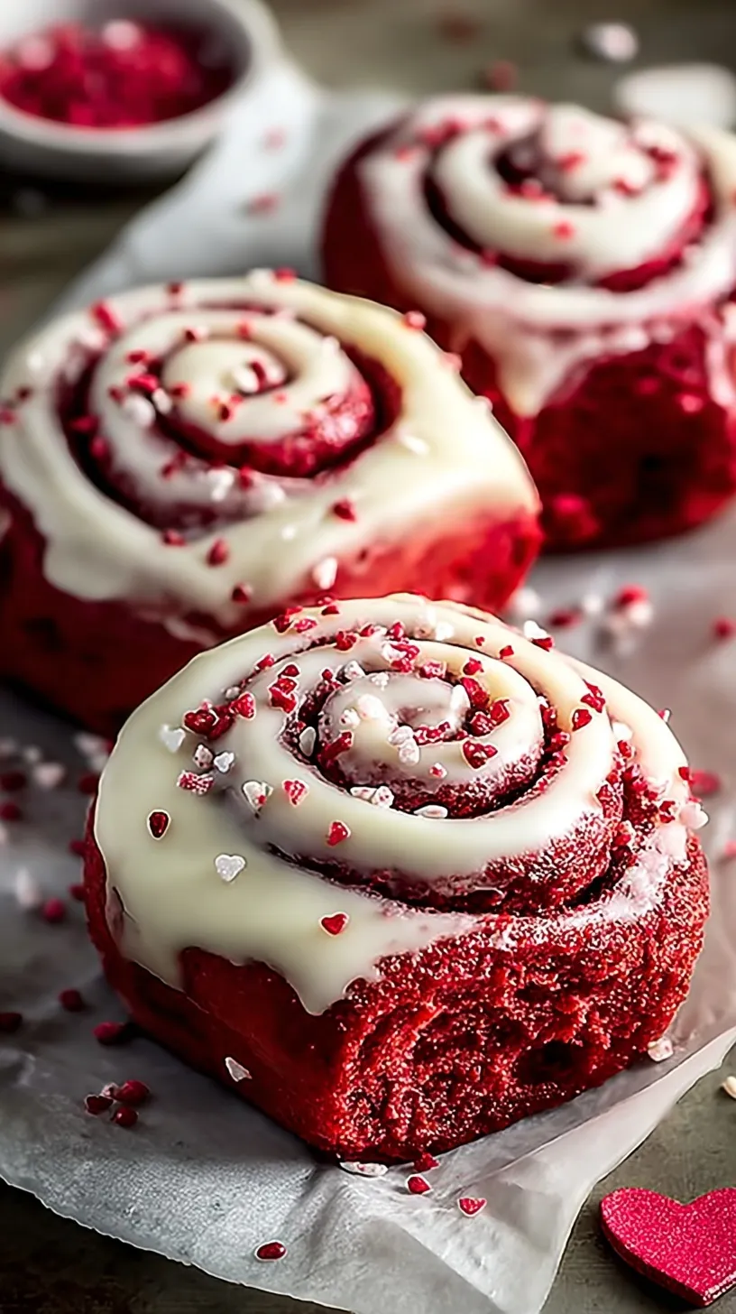 A pan of warm red velvet cinnamon rolls topped with thick white cream cheese frosting