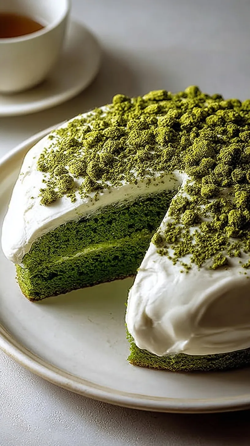A vibrant green layered sponge cake with matcha cream frosting on a white cake stand