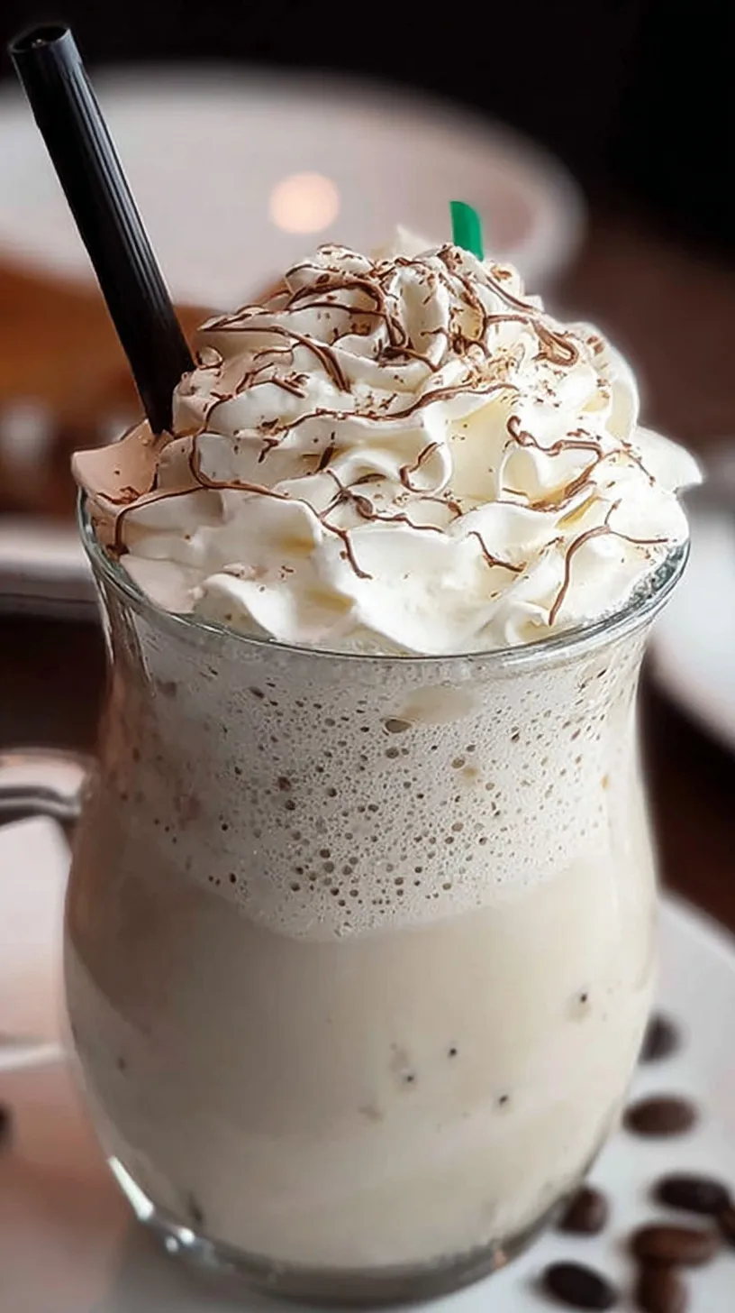 A tall glass of creamy vanilla bean frappuccino topped with whipped cream and vanilla flecks