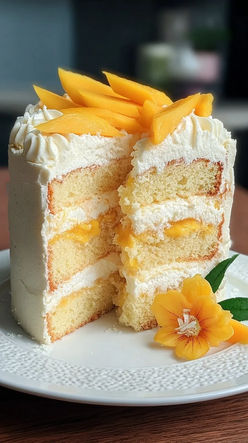 A golden moist mango cake topped with whipped cream and fresh mango slices on a white cake stand.