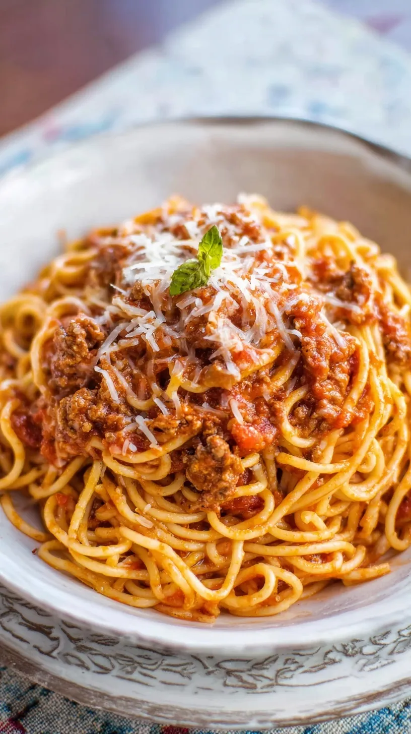 A bowl of steaming instant pot spaghetti topped with herbs
