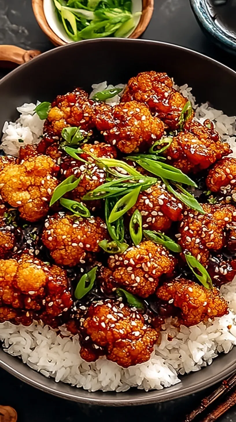 Crispy air-fried cauliflower florets coated in a glossy red gochujang glaze with sesame seeds and green onions