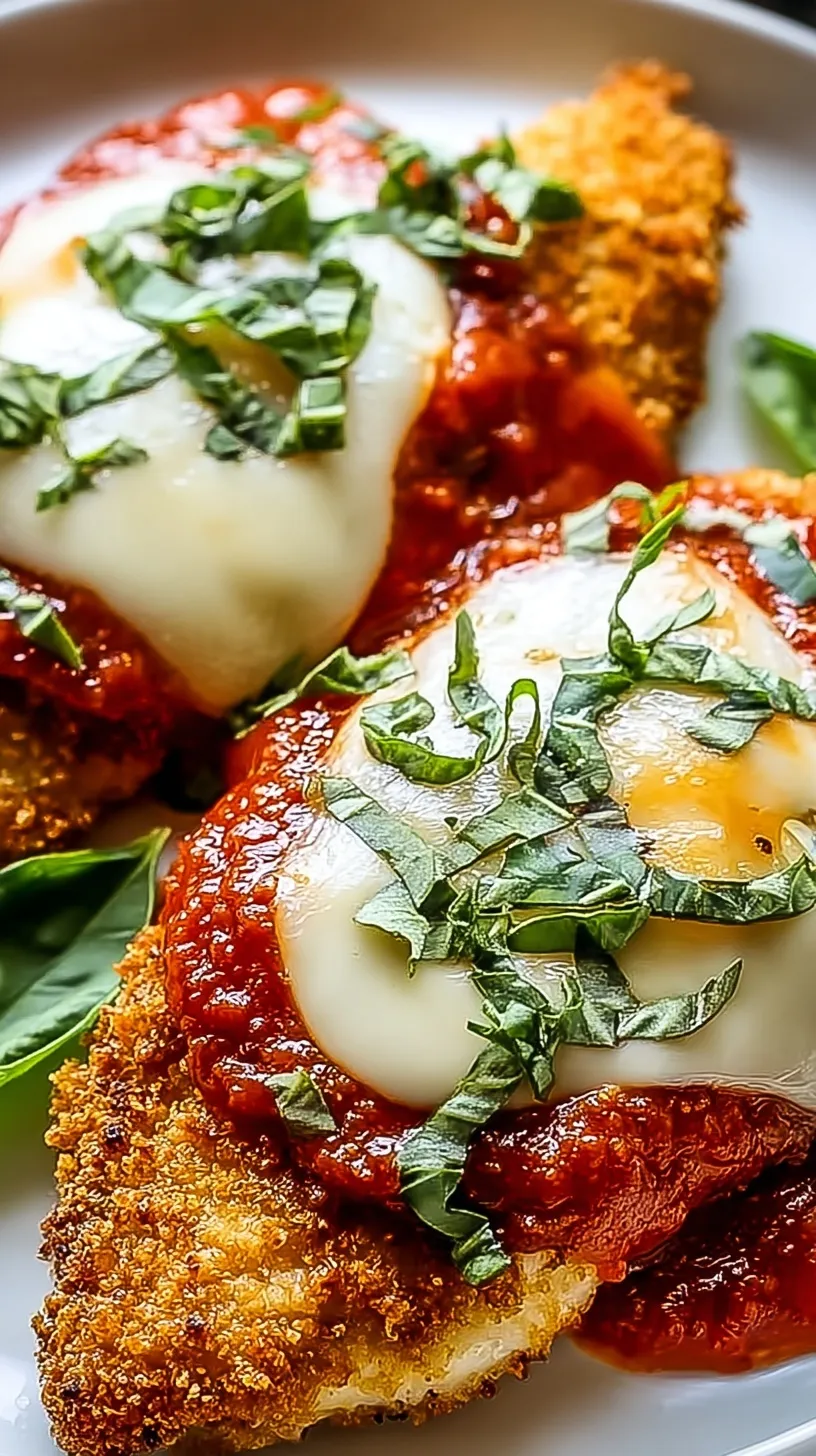 Golden brown baked chicken parmesan topped with melted mozzarella and fresh basil in a baking dish.