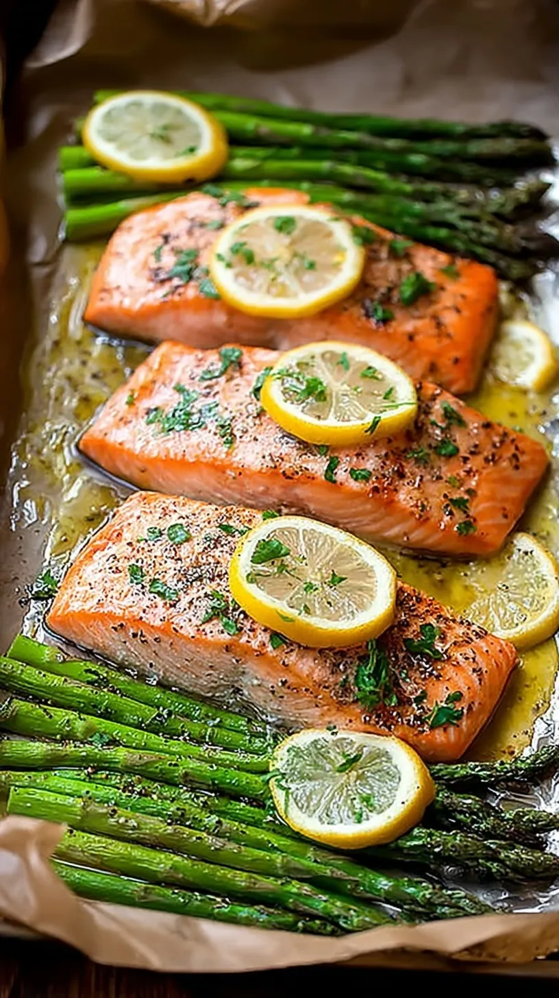 Two foil packets opened to reveal flaky baked salmon topped with lemon slices and tender green asparagus.