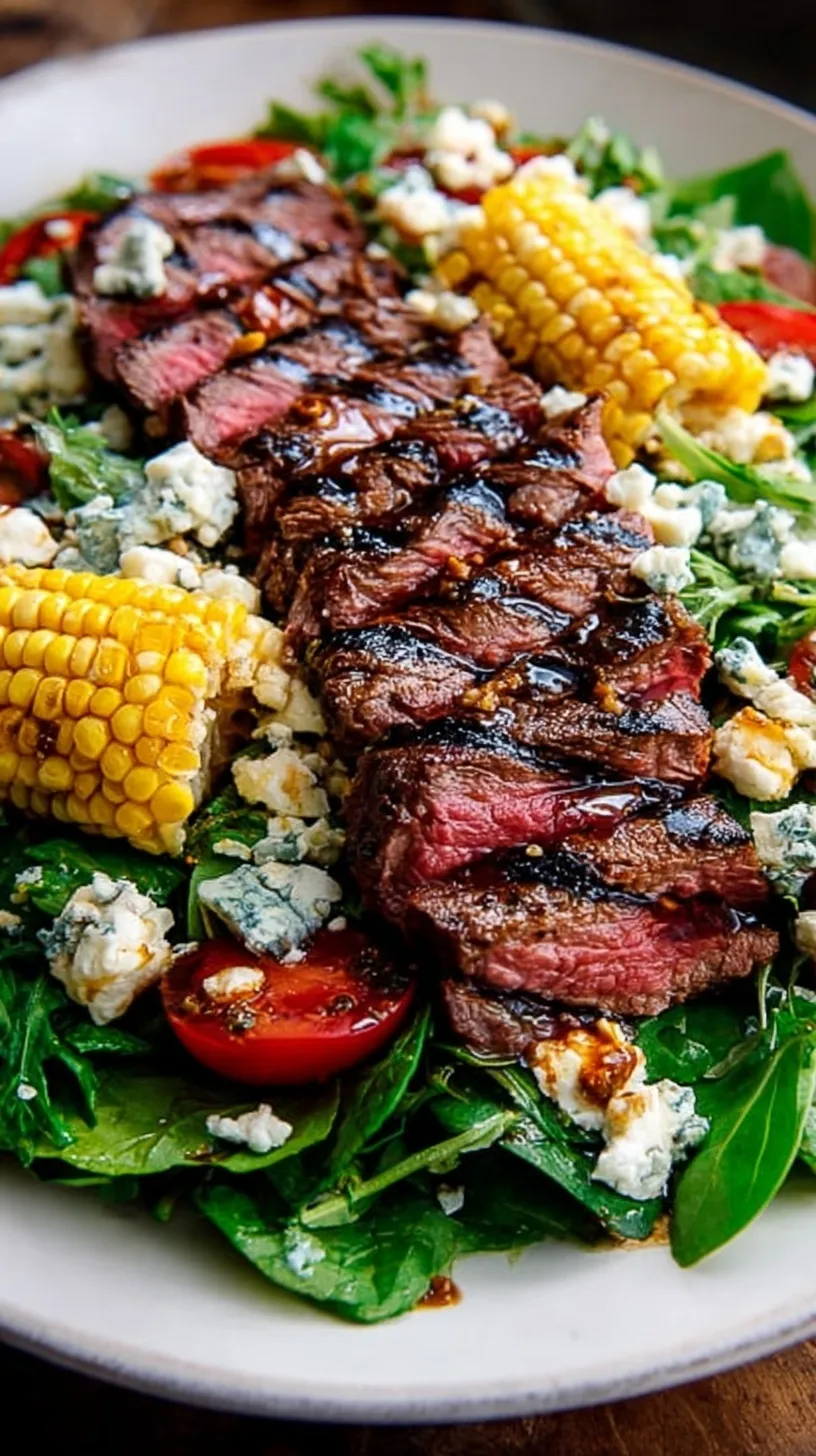 A vibrant balsamic steak salad with grilled corn, cherry tomatoes, and gorgonzola cheese on a bed of mixed greens.