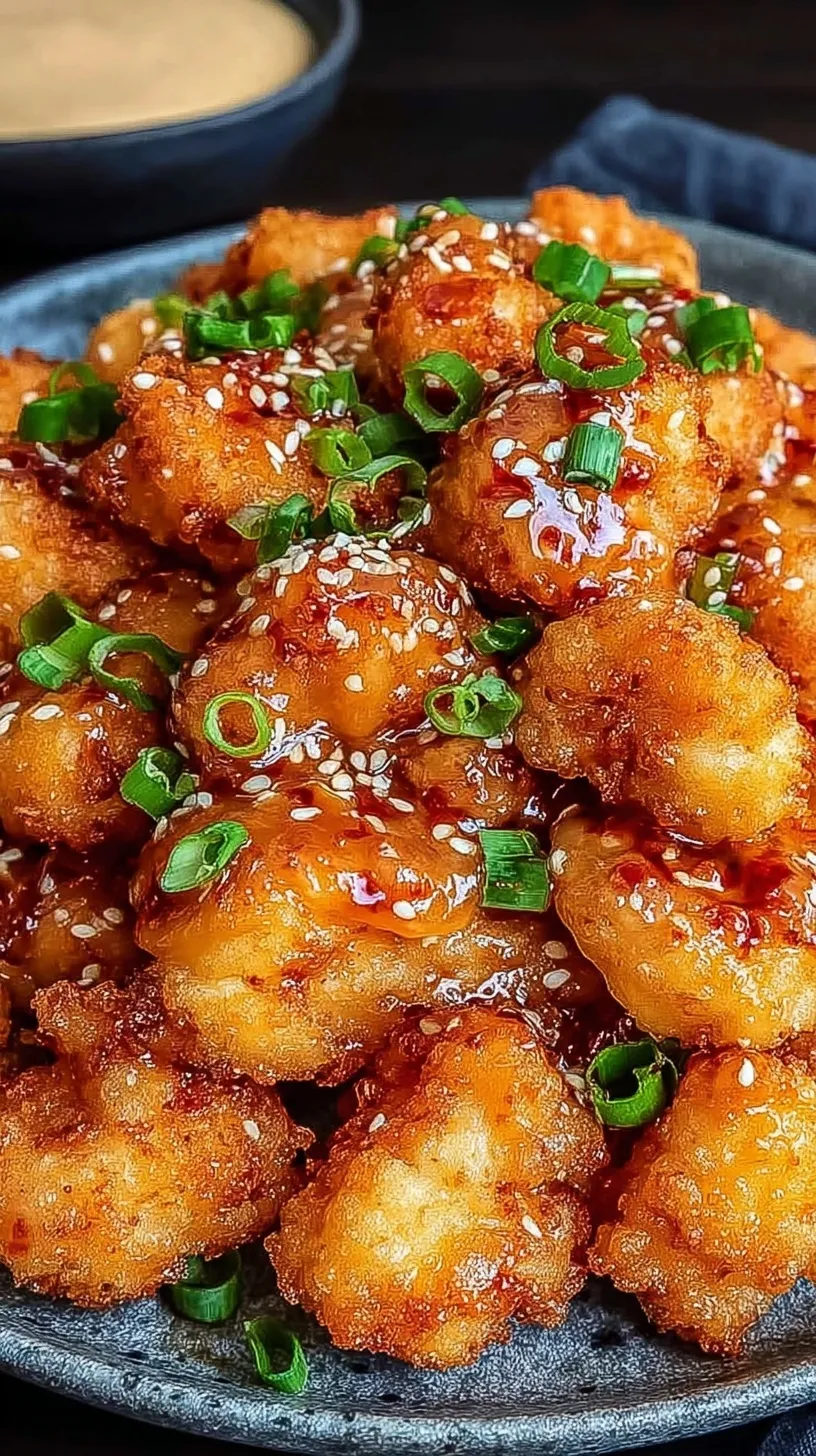 Crispy golden fried chicken bites tossed in a creamy orange sauce and topped with green onions