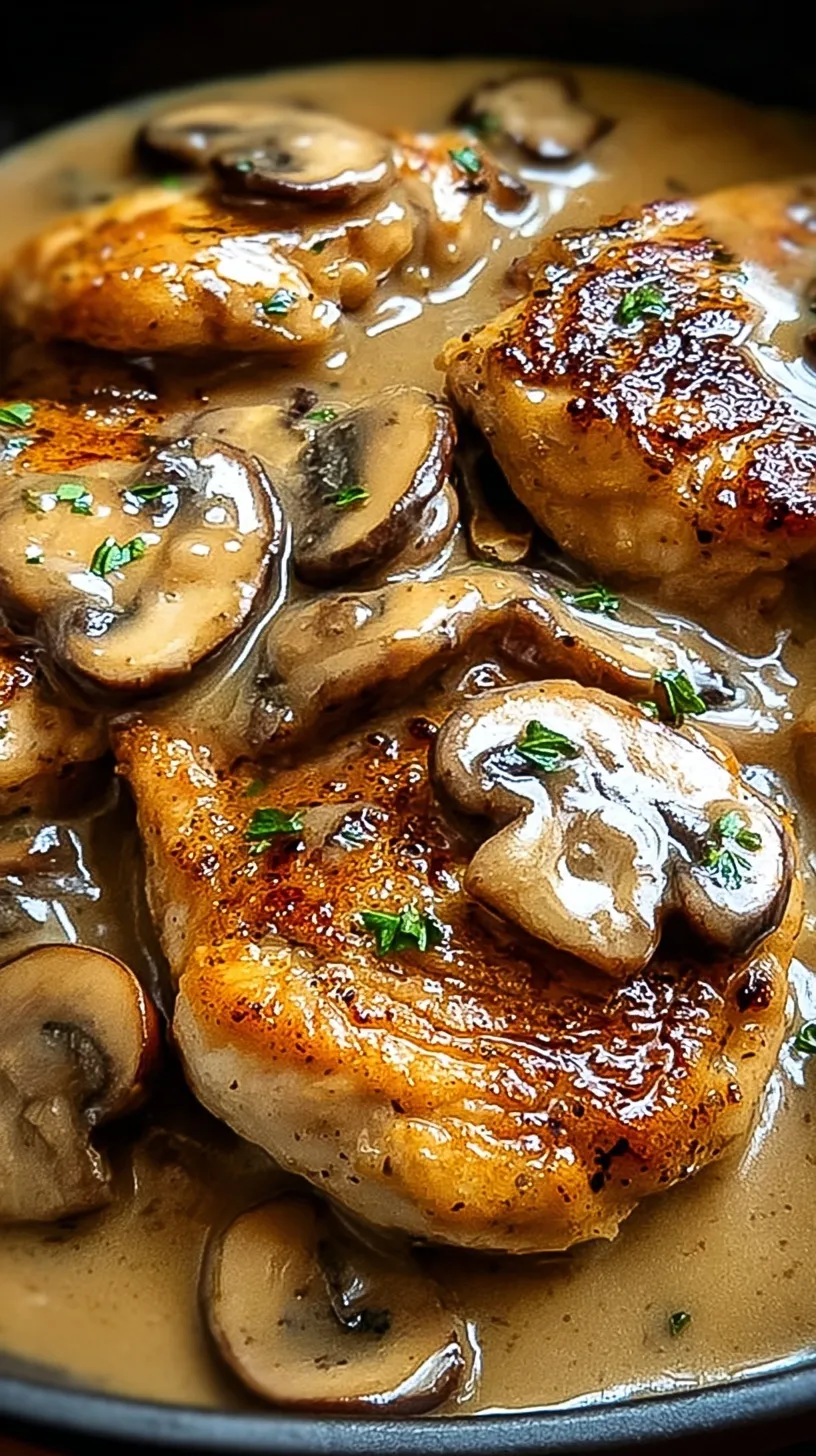 Golden pan-seared chicken breasts topped with creamy mushroom marsala sauce and fresh parsley in a skillet.
