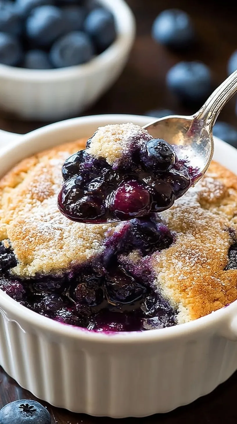 Two small ramekins filled with bubbling blueberry cobbler and golden biscuit topping.