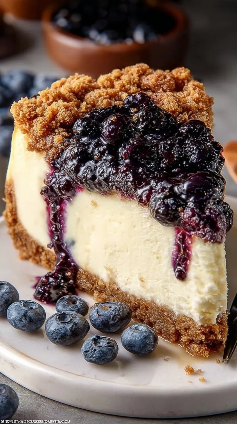 A creamy cheesecake topped with fresh blueberries and a golden brown crumble topping on a white plate.