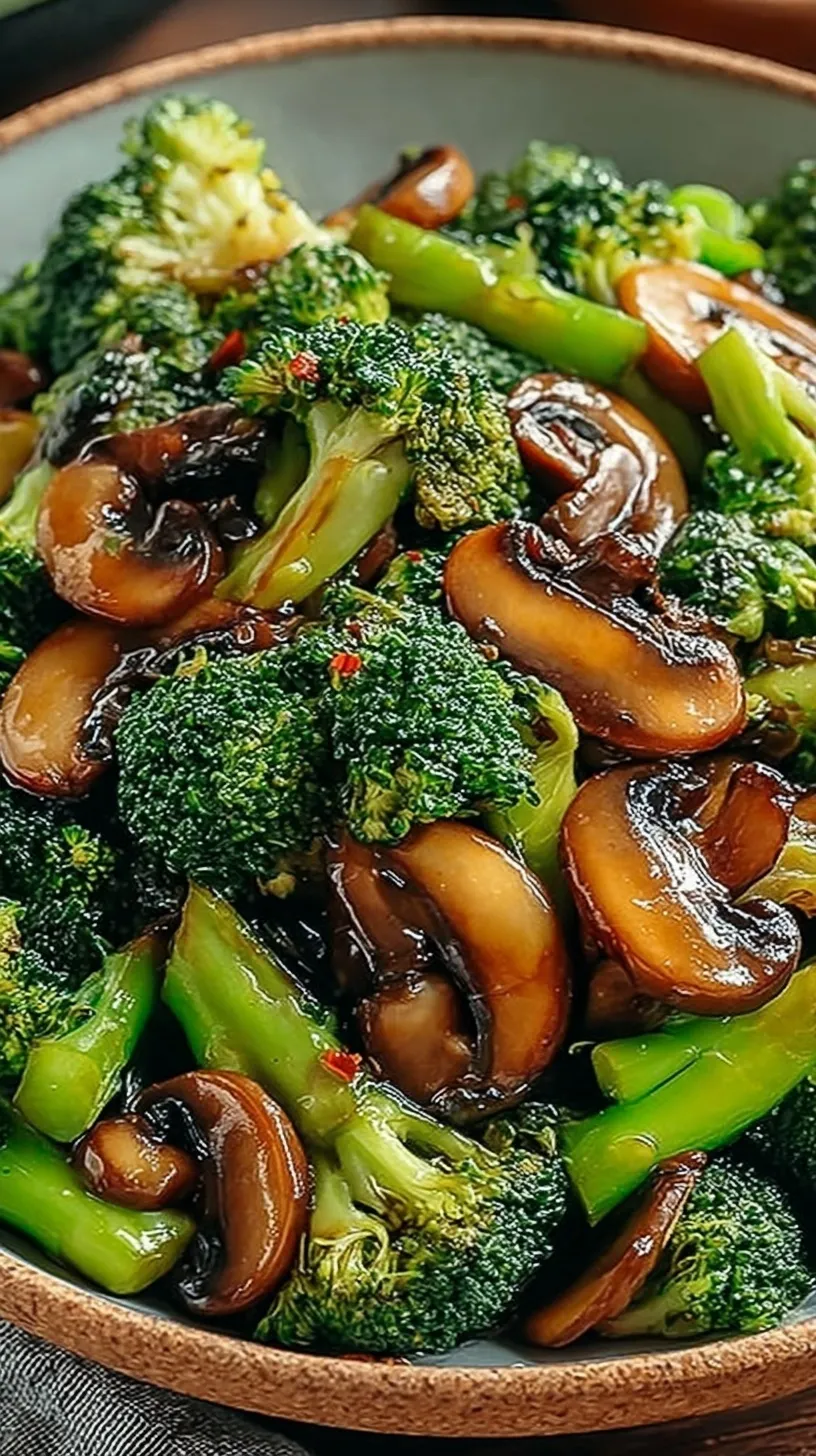 A colorful Broccoli and Mushroom Stir Fry in a skillet with a glossy garlic ginger sauce and sesame seeds.