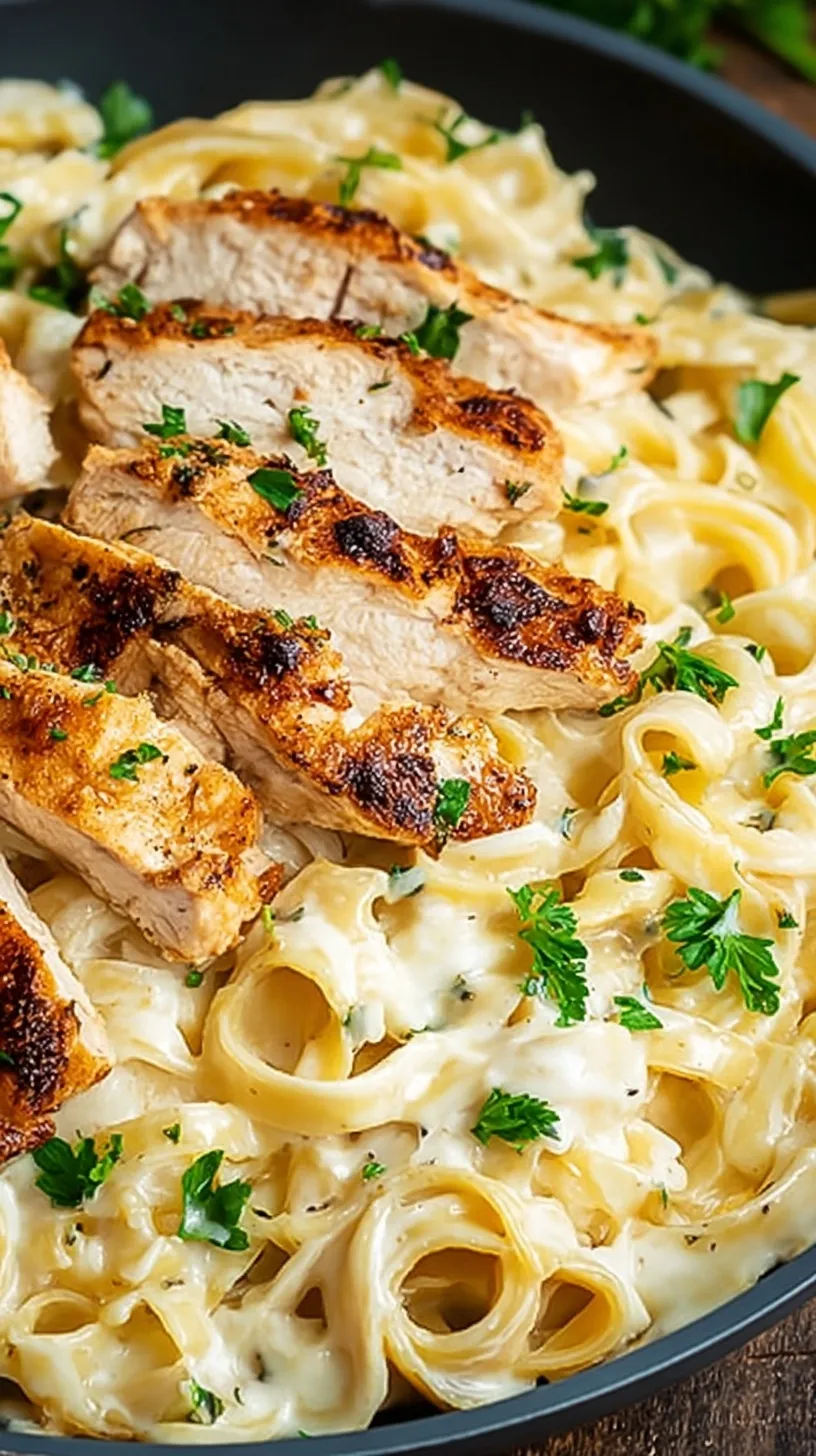 A bowl of creamy Cajun Chicken Alfredo with blackened chicken and fresh parsley
