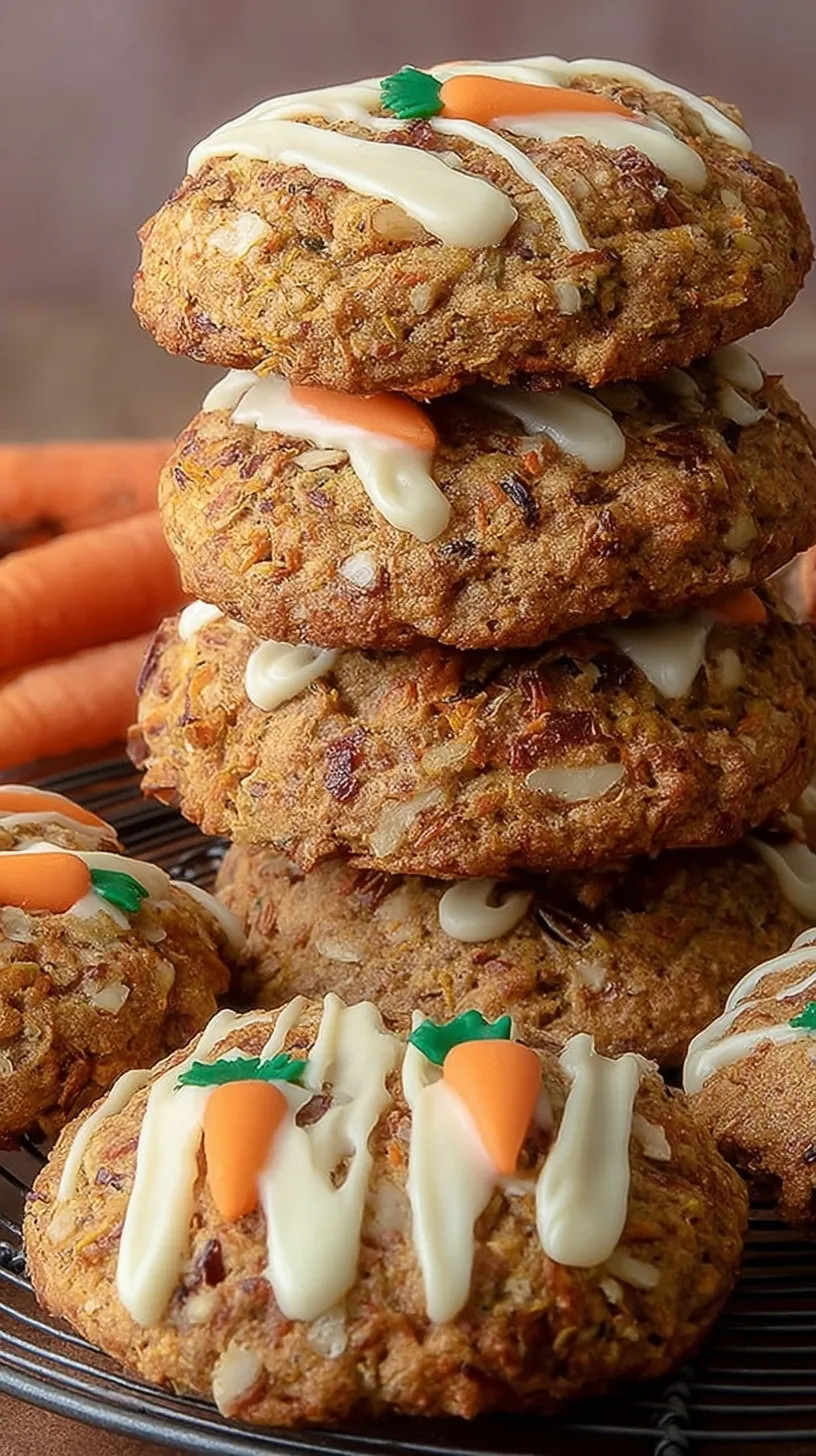 A plate of soft carrot cake cookies with a white cream cheese frosting drizzle and chopped walnuts on top.