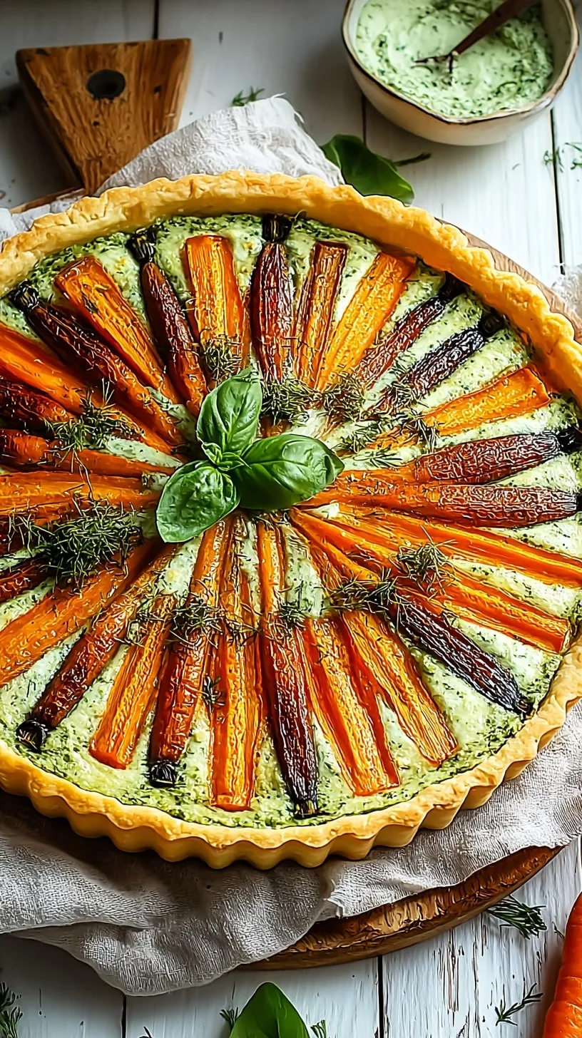 A golden puff pastry carrot tart with green herb ricotta and honey-roasted heirloom carrots on a baking sheet.