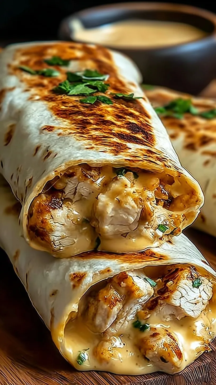 Golden brown cheesy garlic chicken wraps sliced on a plate with fresh parsley