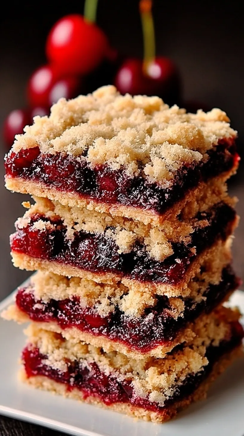 A tray of golden brown cherry pie crumb bars with a visible oat topping and red cherry filling.