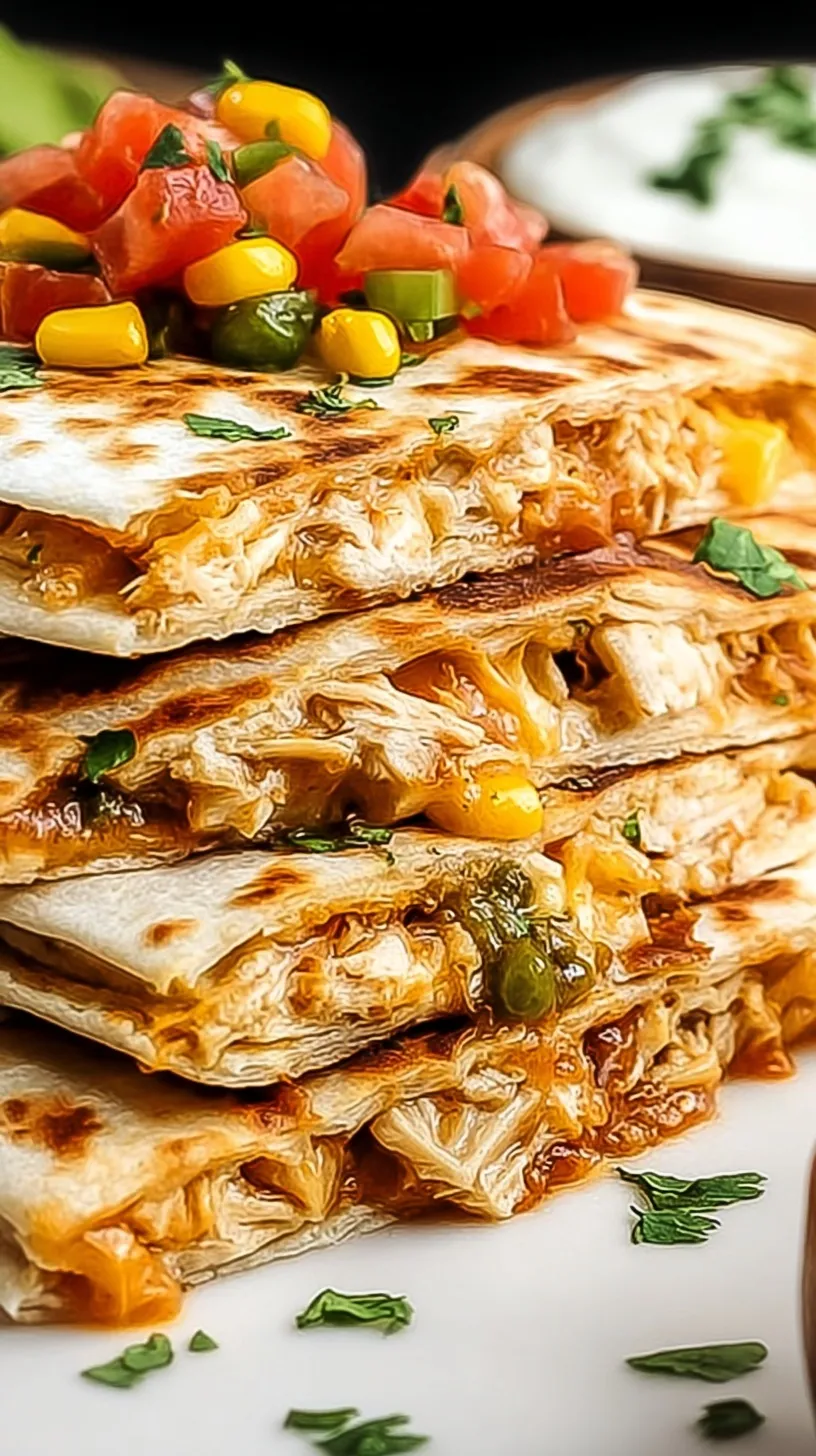 A golden brown chicken quesadilla sliced into wedges with melted cheese and peppers