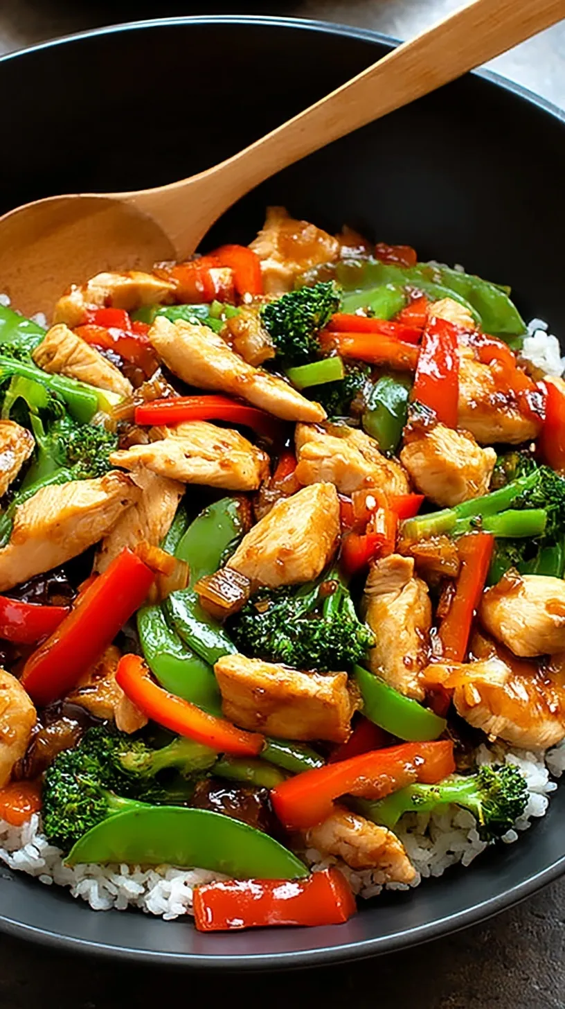 A colorful chicken stir-fry with broccoli, carrots, and red peppers in a savory glaze served in a dark skillet.