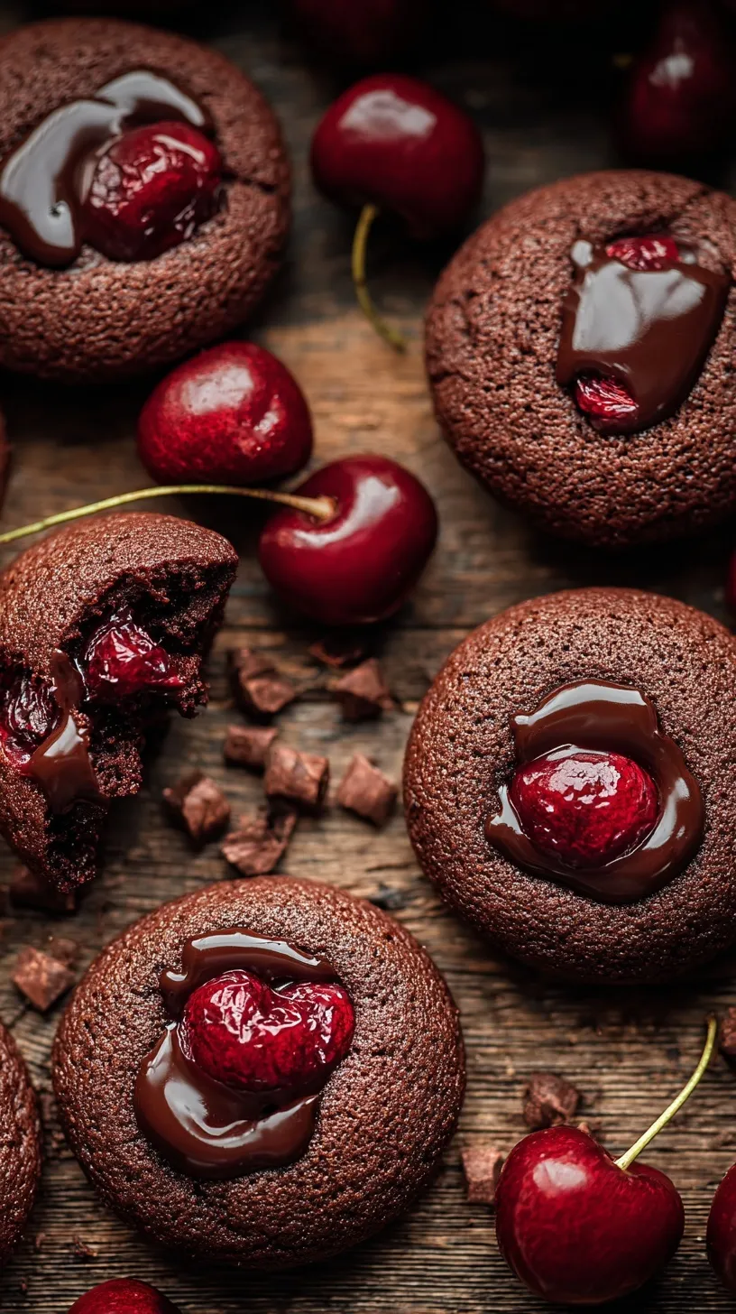 A stack of dark chocolate cookies with melted chips and red dried cherries