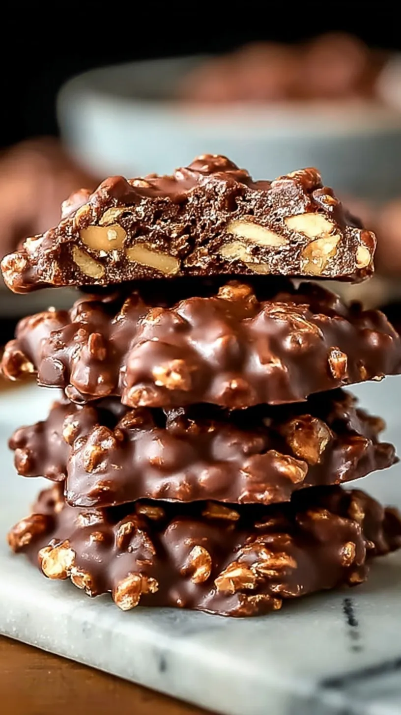 A stack of chocolate peanut butter no-bake cookies on parchment paper