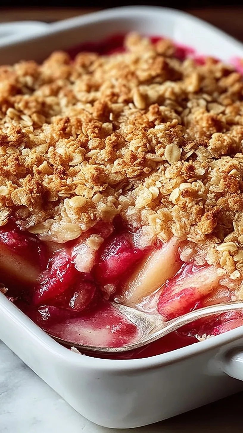 A golden brown rhubarb crisp in a baking dish with a scoop of melting vanilla ice cream