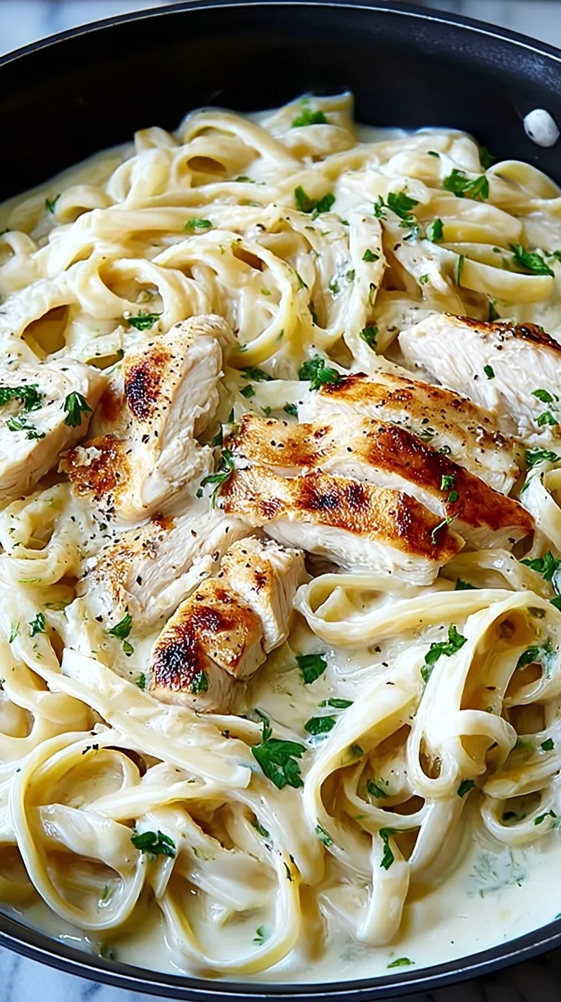 A plate of creamy chicken alfredo pasta with sliced chicken and fresh parsley