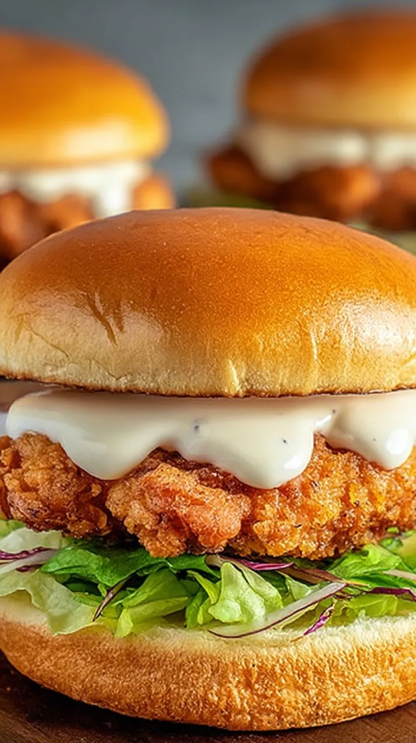 A golden-brown crispy chicken burger on a toasted brioche bun with lettuce and tomato