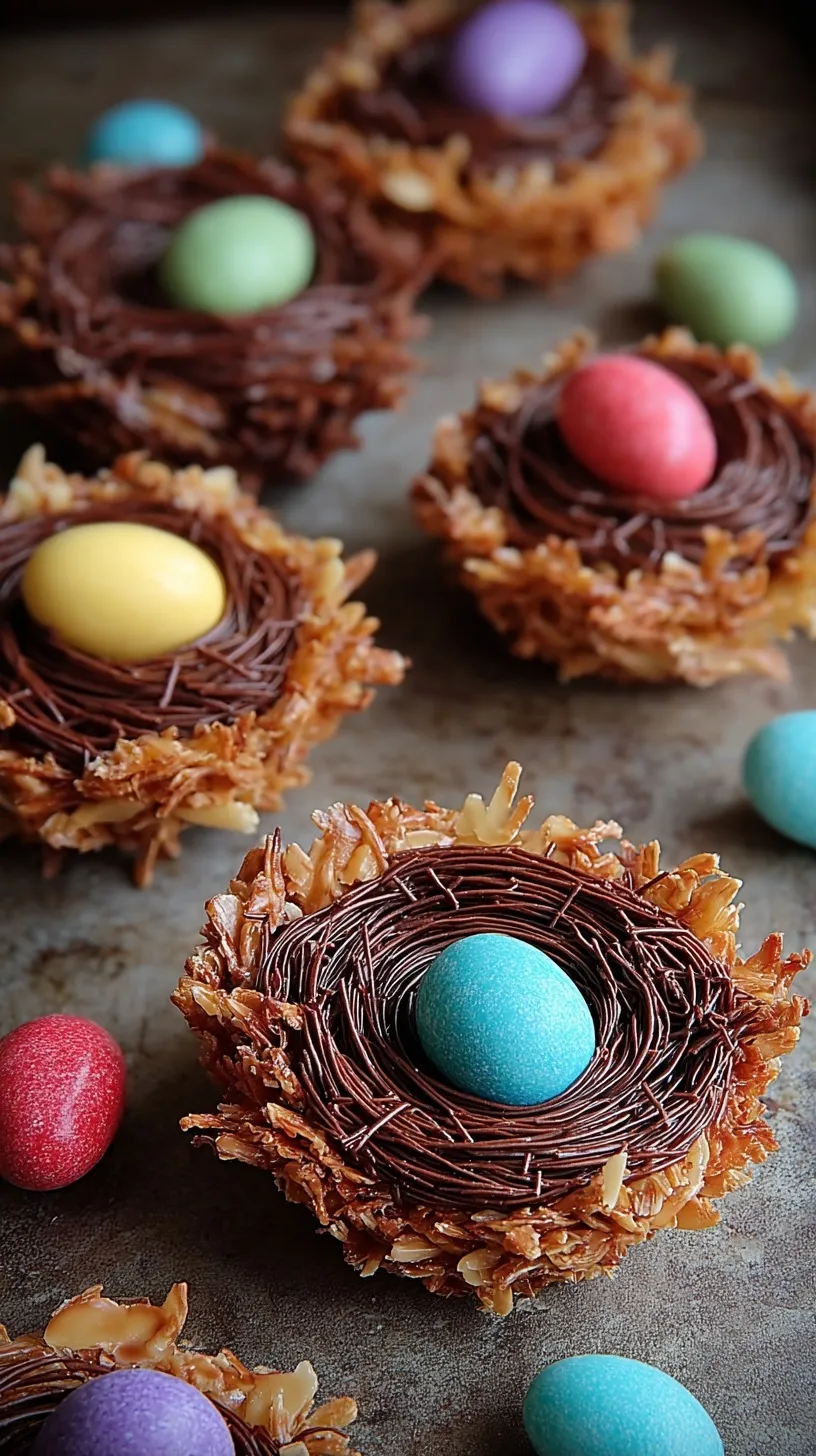 A tray of chocolate shredded wheat nests topped with colorful mini eggs.