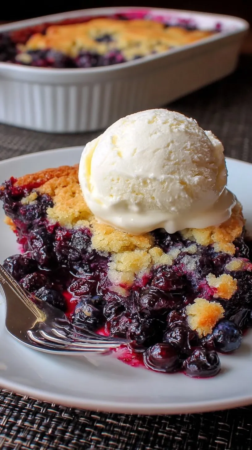 A golden brown blueberry cobbler in a square baking dish with bubbly purple fruit.