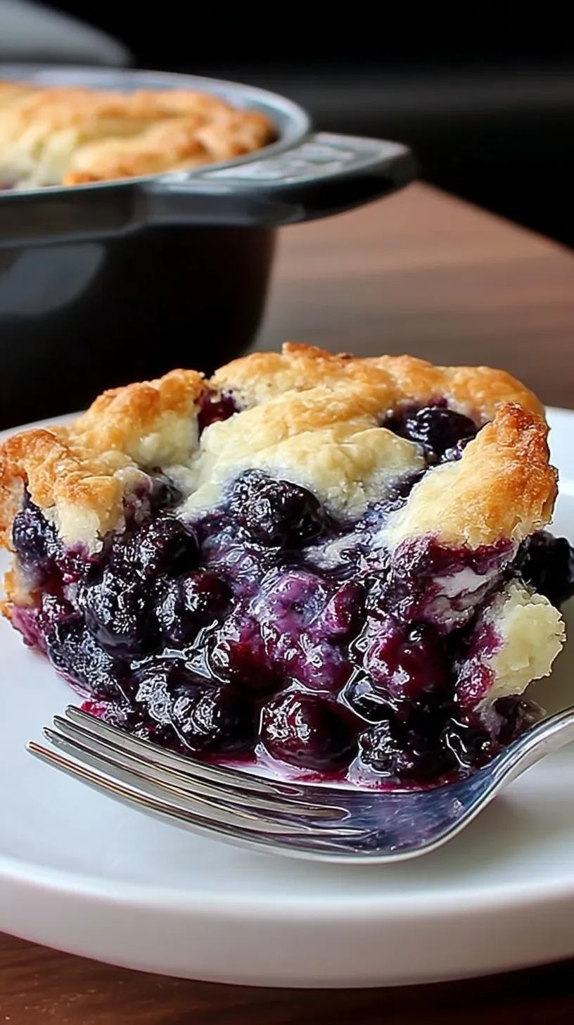 A golden brown blueberry cobbler in a square baking dish with bubbling purple juice and a scoop of melting vanilla ice cream.
