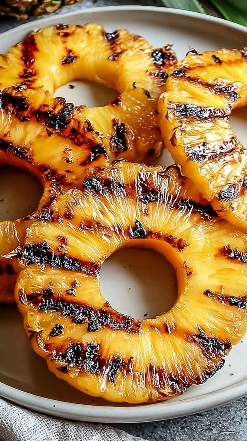 Golden grilled pineapple rings with brown sugar glaze and grill marks on a plate