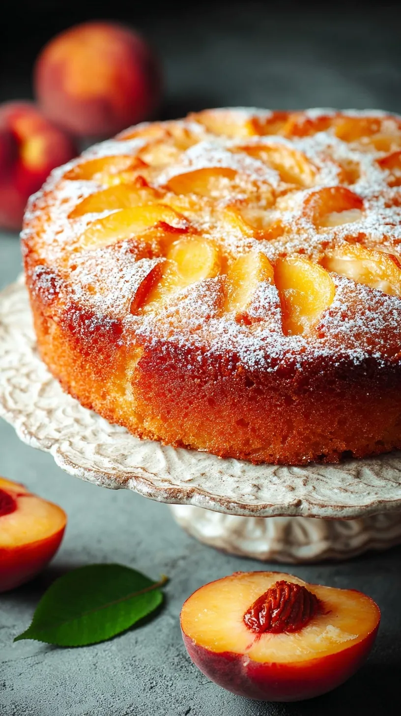 A golden round cake topped with concentric circles of fresh peach slices and a sparkling sugar crust.
