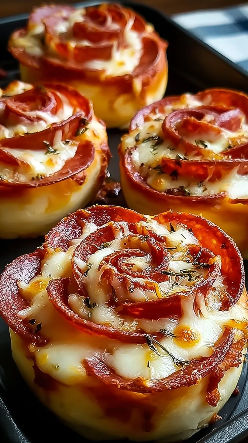 A tray of golden brown pizza roses with pepperoni petals and melted cheese in a muffin tin.