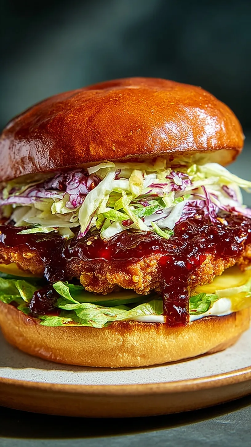 A crispy fried chicken sandwich coated in red gochujang glaze on a brioche bun with slaw