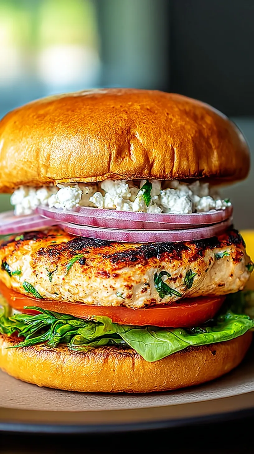 A juicy Greek chicken burger topped with spinach, tomato, and creamy tzatziki sauce on a toasted bun.