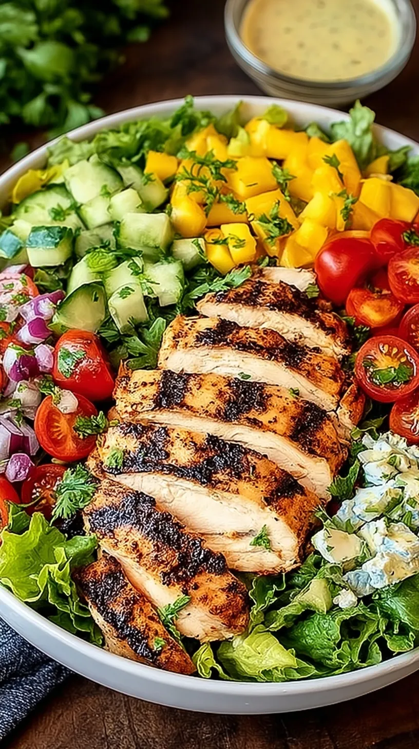 A fresh grilled chicken salad with avocado, cherry tomatoes, and feta cheese on a white plate