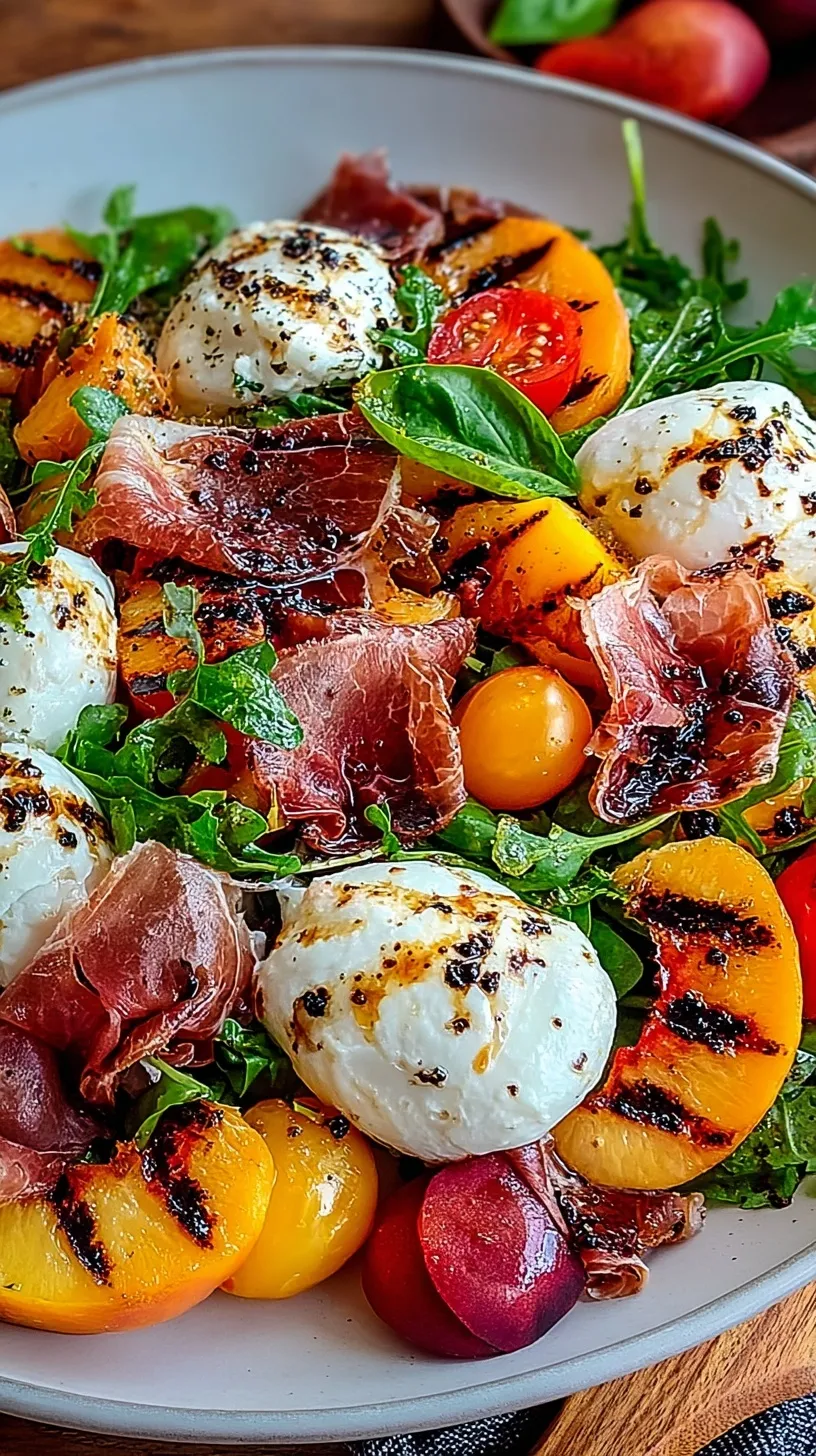 Grilled nectarine halves with creamy burrata cheese and prosciutto on a bed of arugula