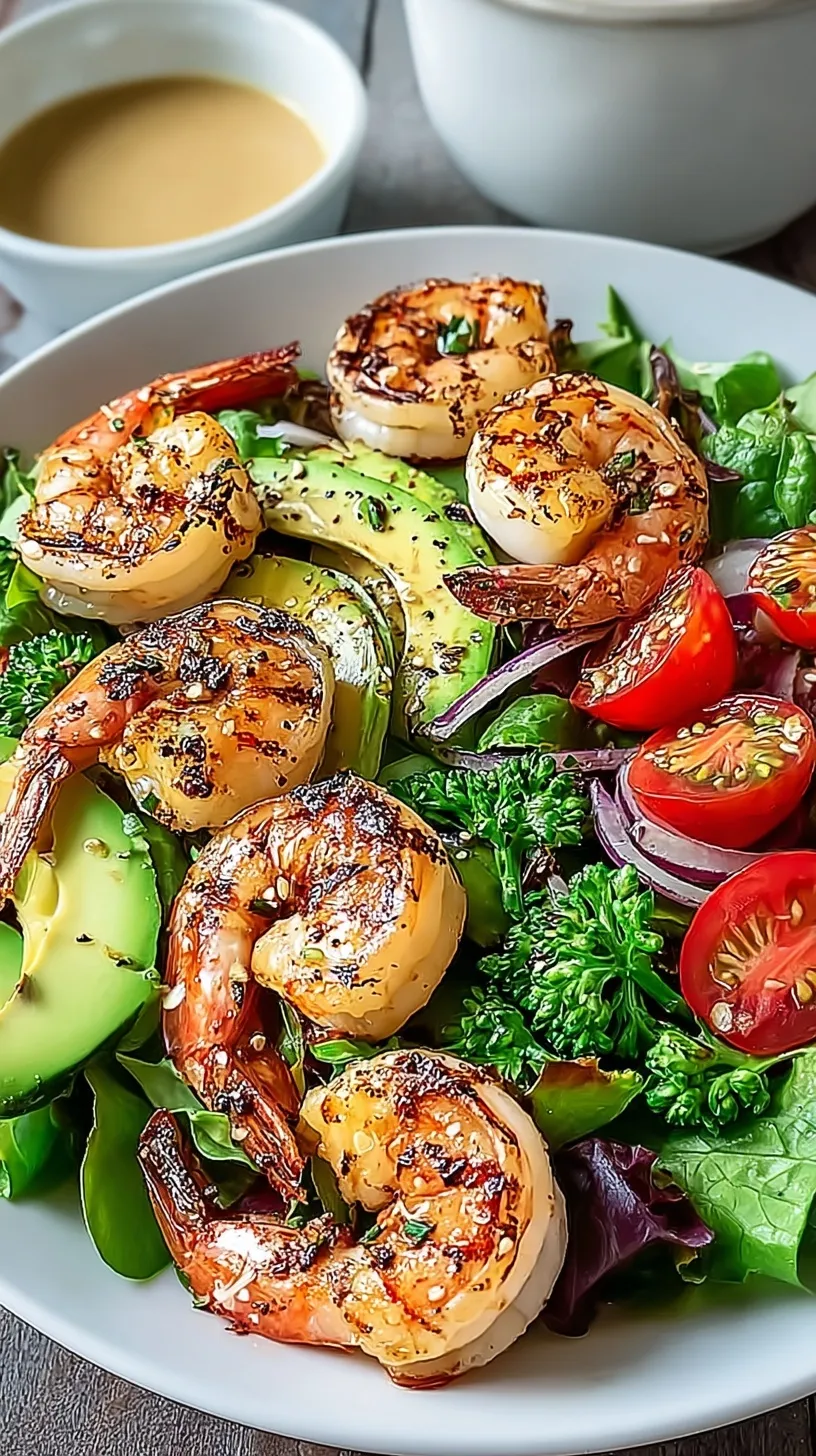 A colorful bowl of grilled shrimp summer salad with avocado and tomatoes.