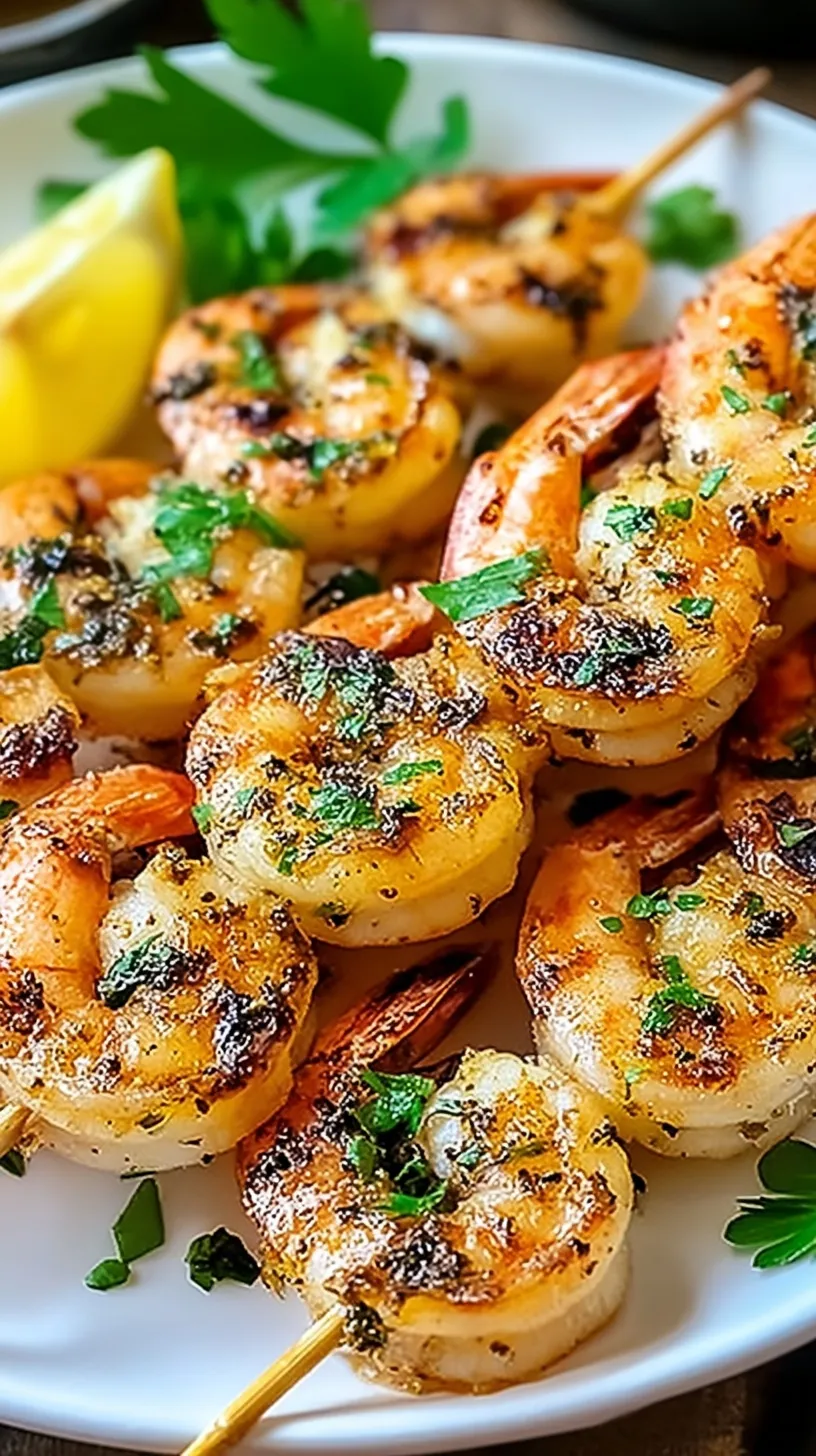 Juicy grilled shrimp skewers with lemon and garlic on a white platter.