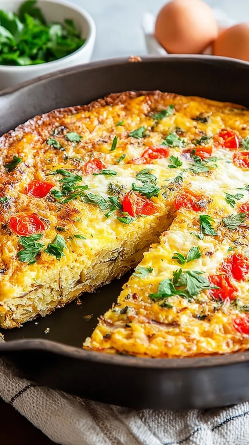 A golden brown hash brown frittata in a cast iron skillet garnished with fresh parsley.