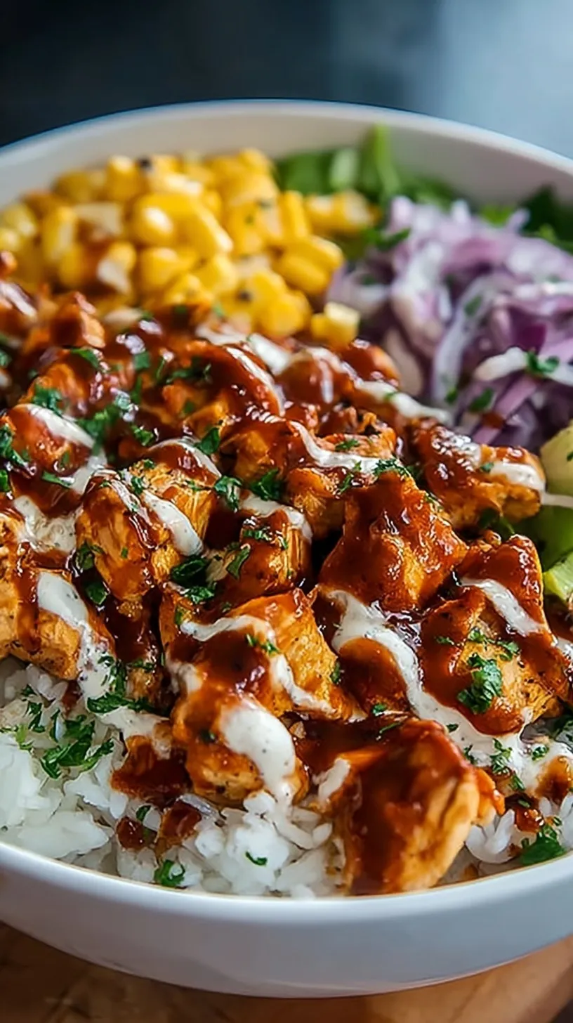 A colorful High Protein BBQ Ranch Chicken Bowl with grilled chicken, black beans, corn, and avocado