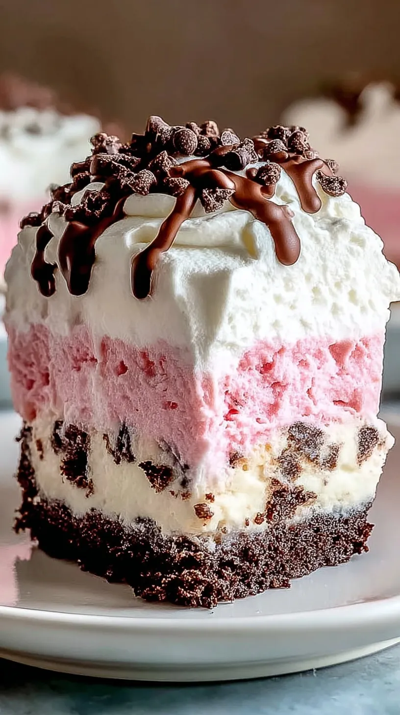 A sliced classic homemade ice cream cake showing layers of chocolate and vanilla ice cream with a crunchy fudge center and whipped cream frosting.