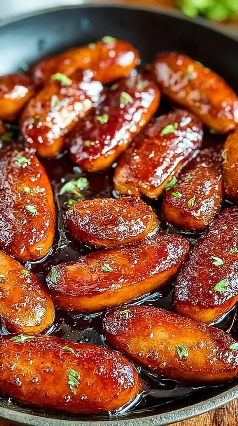 Roasted honey glazed sausages on a baking sheet with fresh thyme garnish
