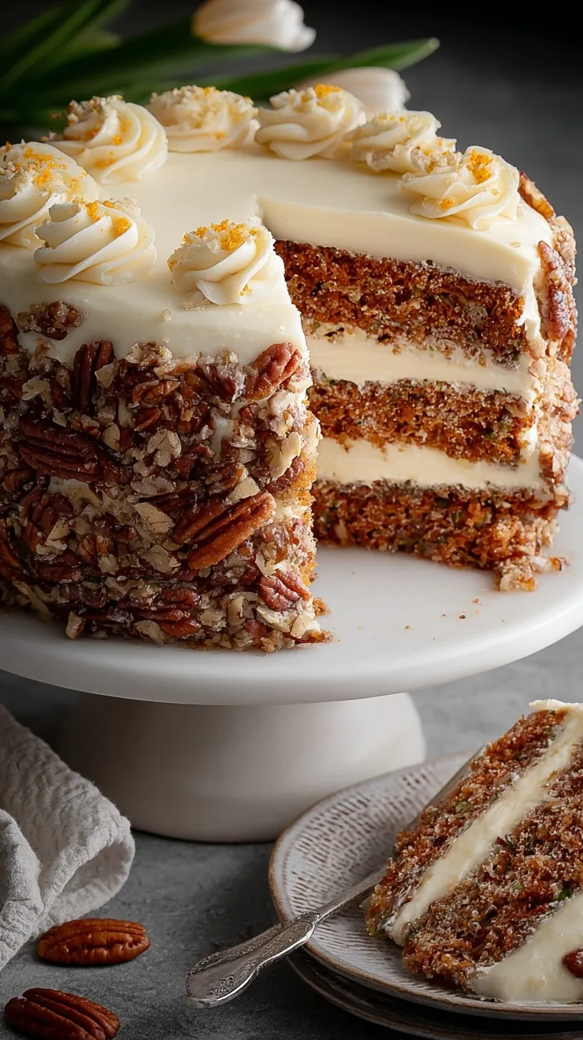 A three-layer classic hummingbird cake with cream cheese frosting and pecans.